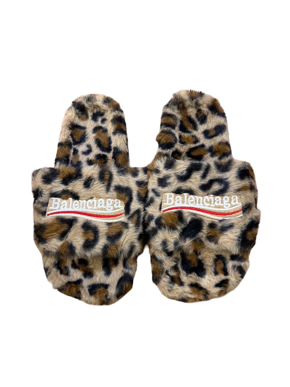 Balenciaga Leopard Print Faux Fur Slippers Logo Slides Size 39 EU 9 US